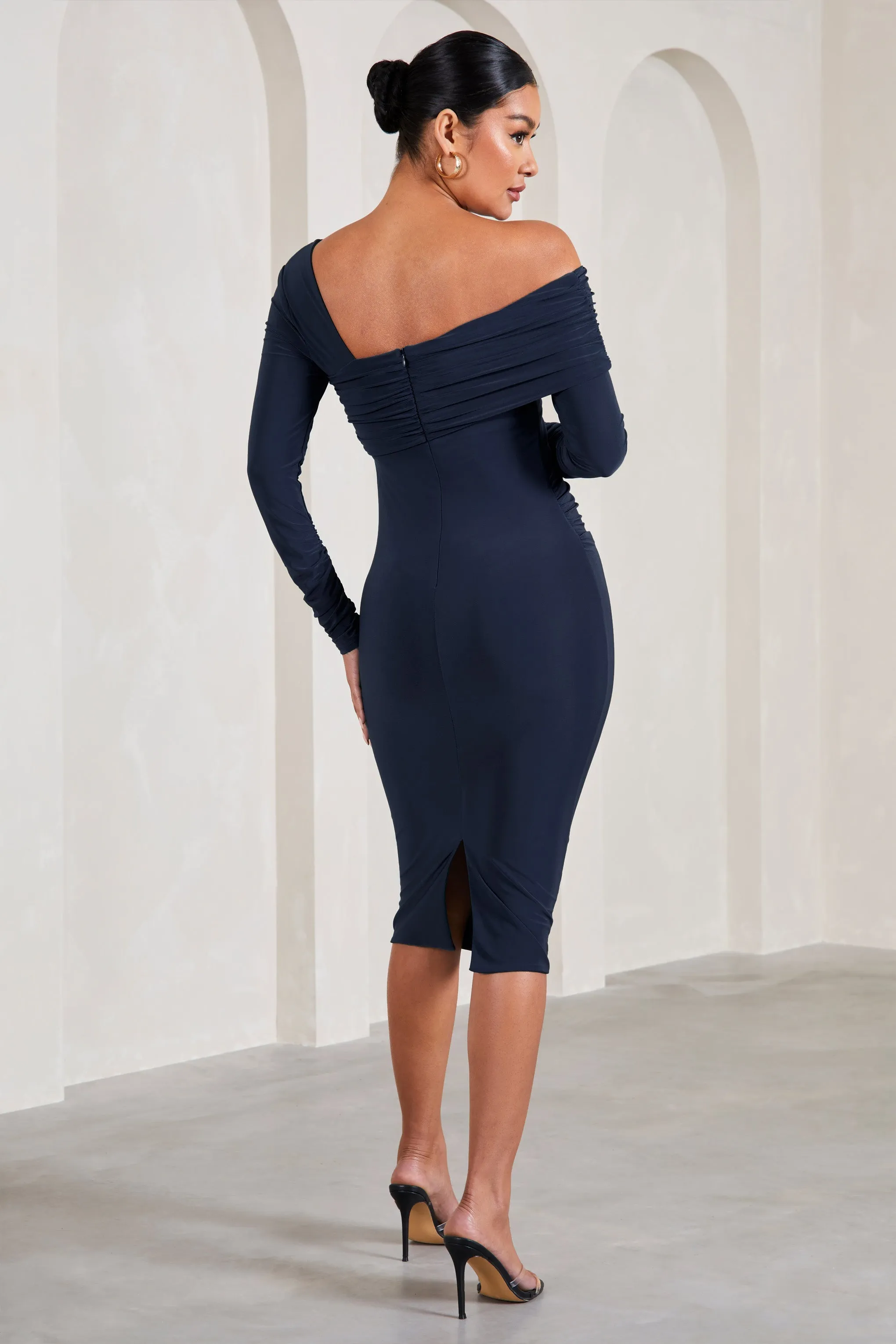 Heartbeat | Navy One-Shoulder Long-Sleeved Maternity Midi Dress sold by Club L London product image thumbnail 2