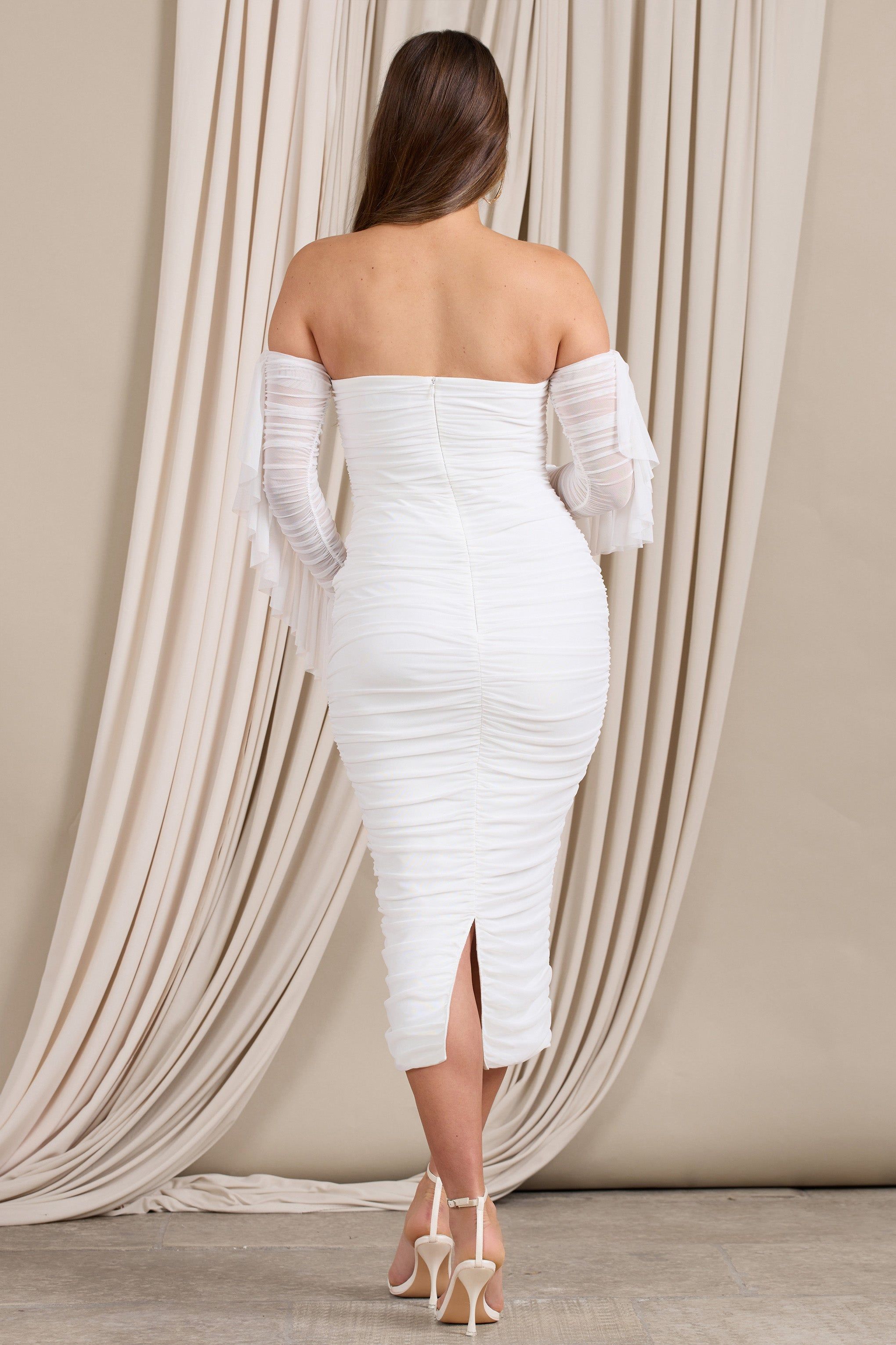 Aroma | White Ruched Mesh Maternity Midi Dress With Ruffled Sleeves sold by Club L London product image thumbnail 2