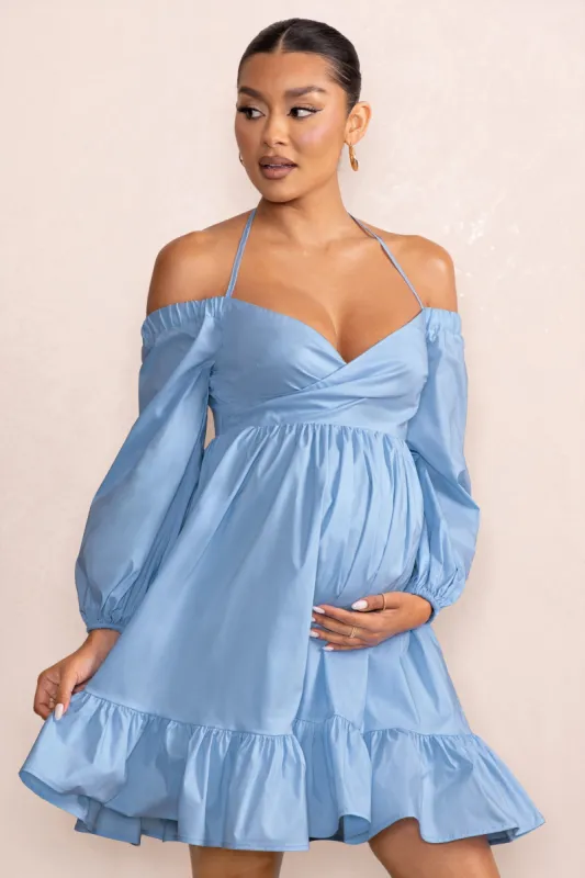 Kyra | Powder Blue Babydoll Maternity Mini Dress with Long Cold Shoulder Puff Sleeves sold by Club L London