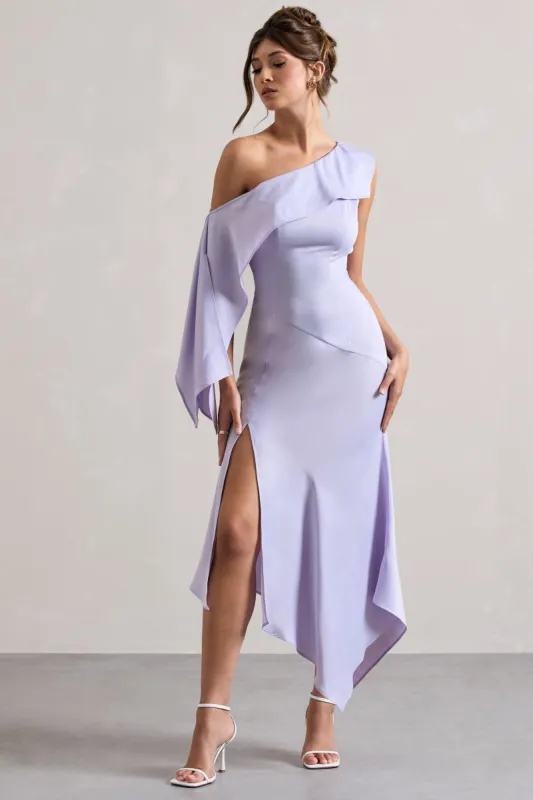 Freesia | Lilac Satin Asymmetric Draped Split Maxi Dress sold by Club L London