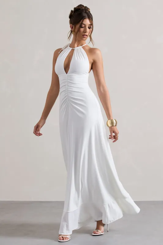 Naria | Cream Ruched Cut-Out Split Maxi Dress sold by Club L London