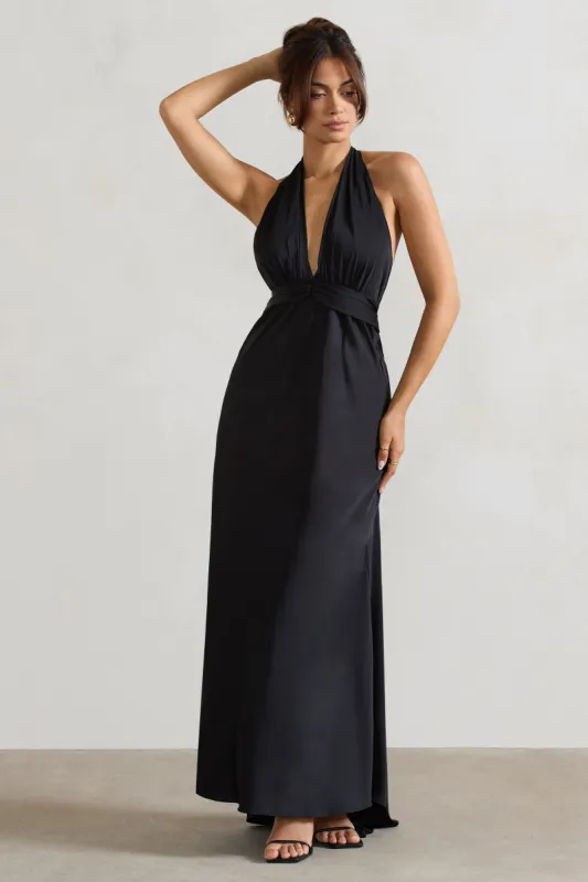 Carolyn | Black Satin Plunge Maxi Dress With Dipped Hem sold by Club L London