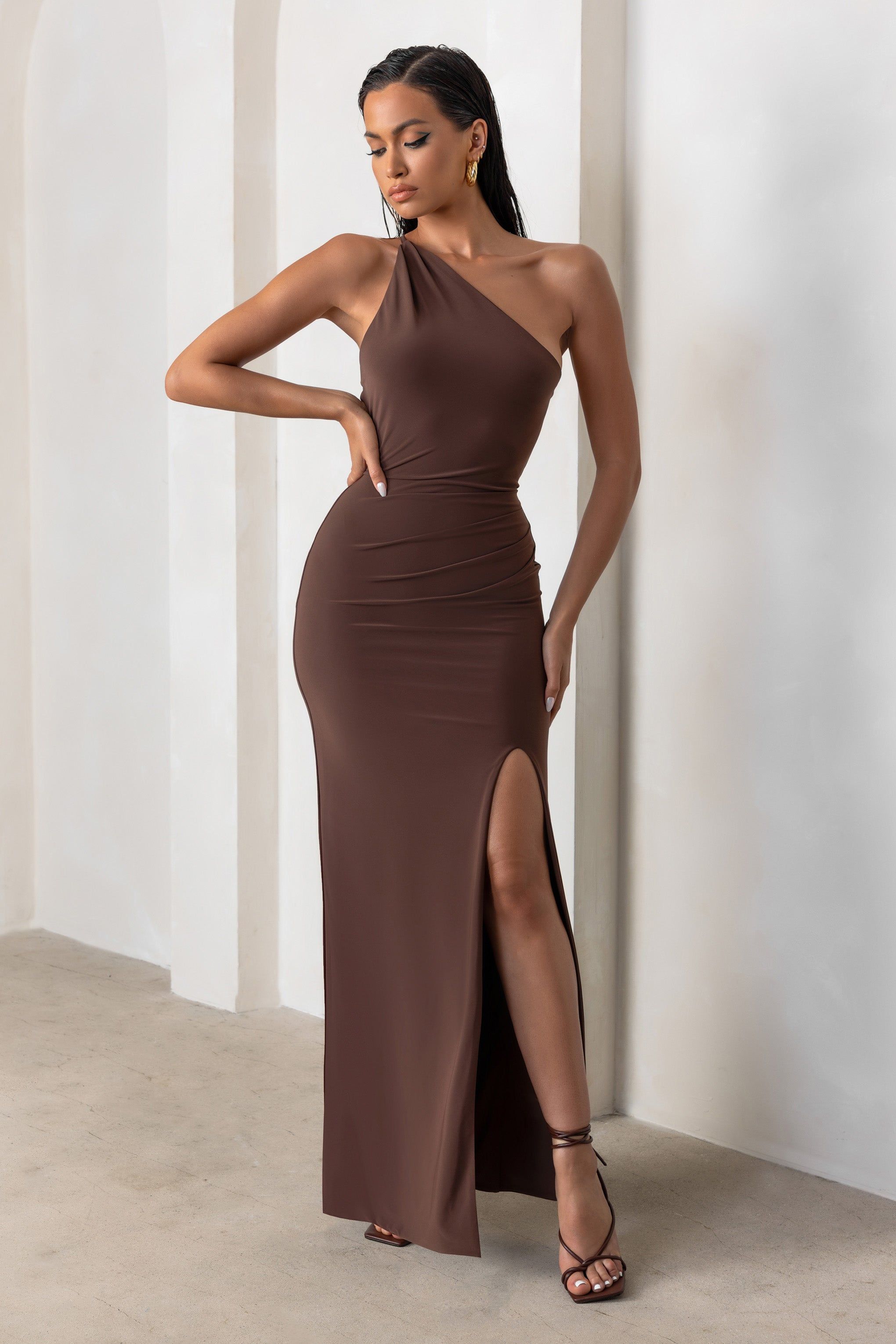Dressing Up | Chocolate Brown One Shoulder Maxi Dress With Open Back Detail sold by Club L London