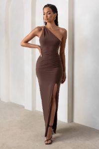 Dressing Up | Chocolate Brown One Shoulder Maxi Dress With Open Back Detail sold by Club L London
