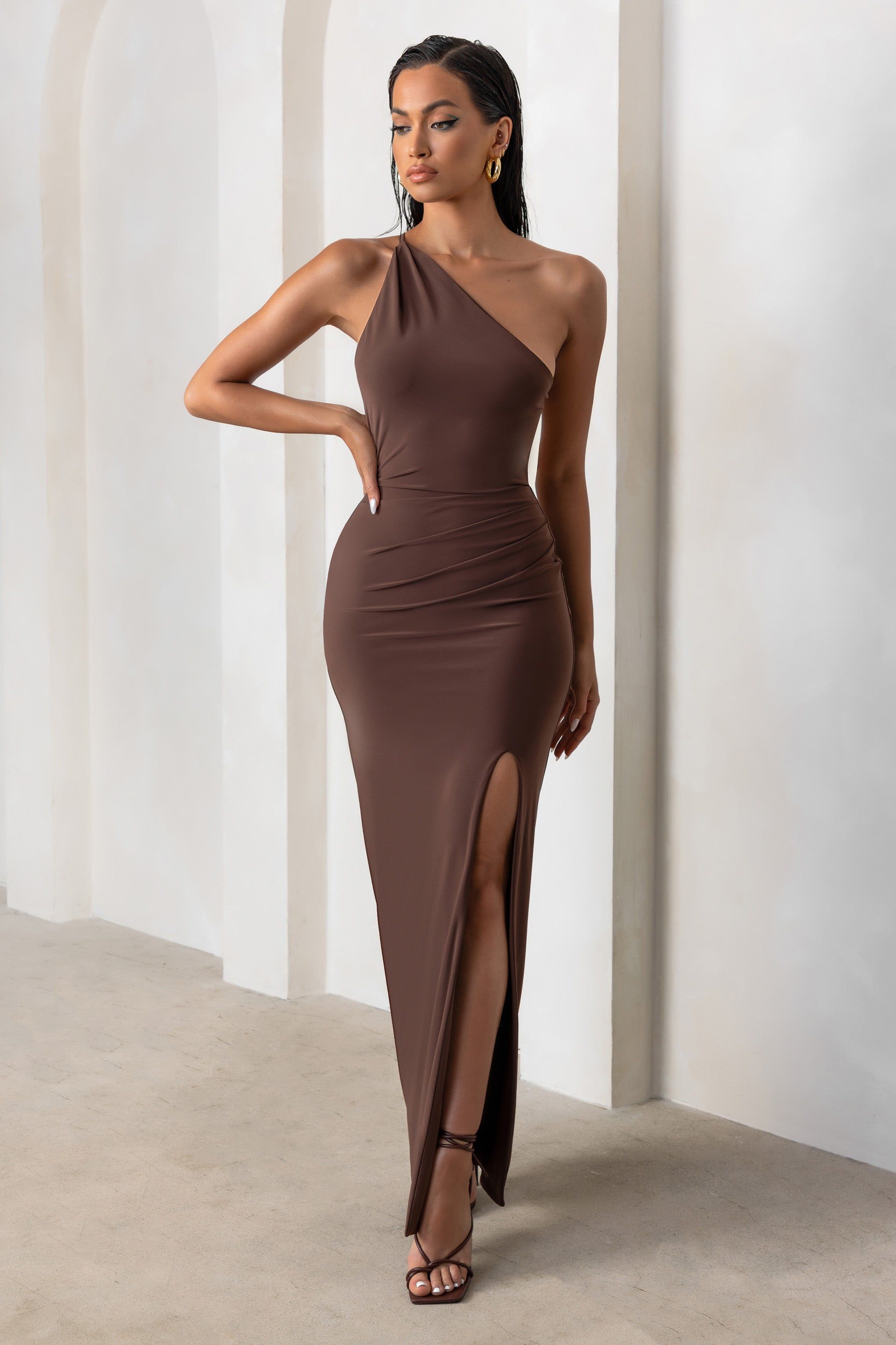 Dressing Up | Chocolate Brown One Shoulder Maxi Dress With Open Back Detail sold by Club L London product image thumbnail 4