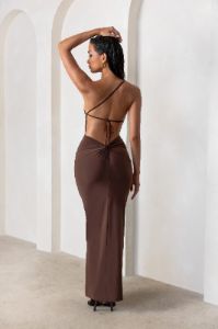 Dressing Up | Chocolate Brown One Shoulder Maxi Dress With Open Back Detail sold by Club L London
