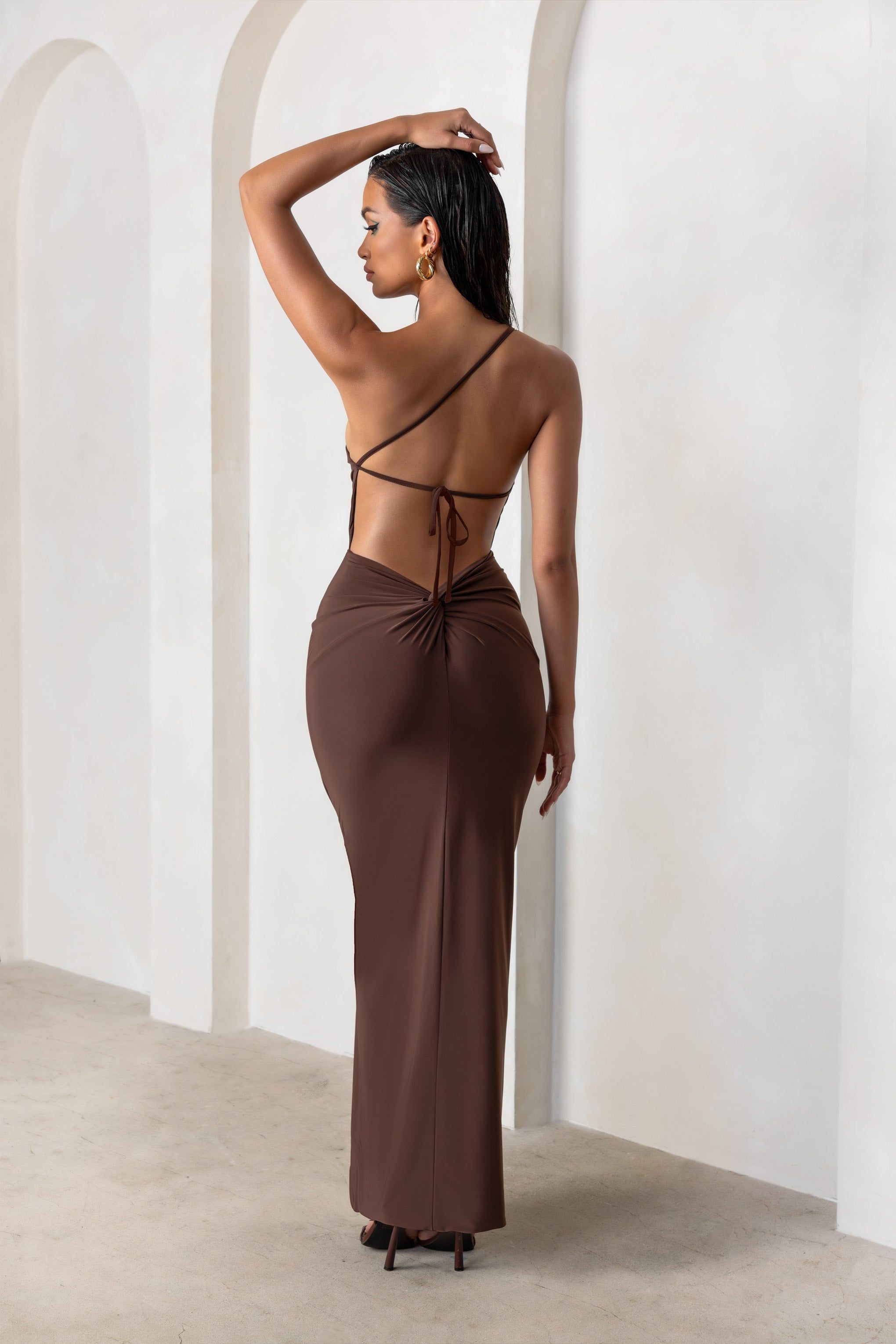 Dressing Up | Chocolate Brown One Shoulder Maxi Dress With Open Back Detail sold by Club L London product image thumbnail 2