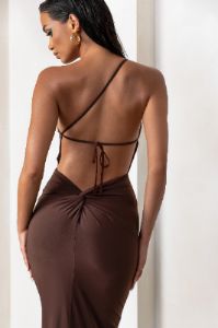Dressing Up | Chocolate Brown One Shoulder Maxi Dress With Open Back Detail sold by Club L London