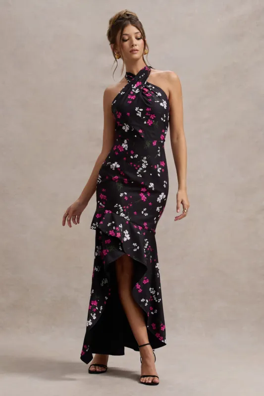 Melodia | Black Ditsy Floral Print Satin Halter-Neck Ruffled Maxi Dress made by Club L London
