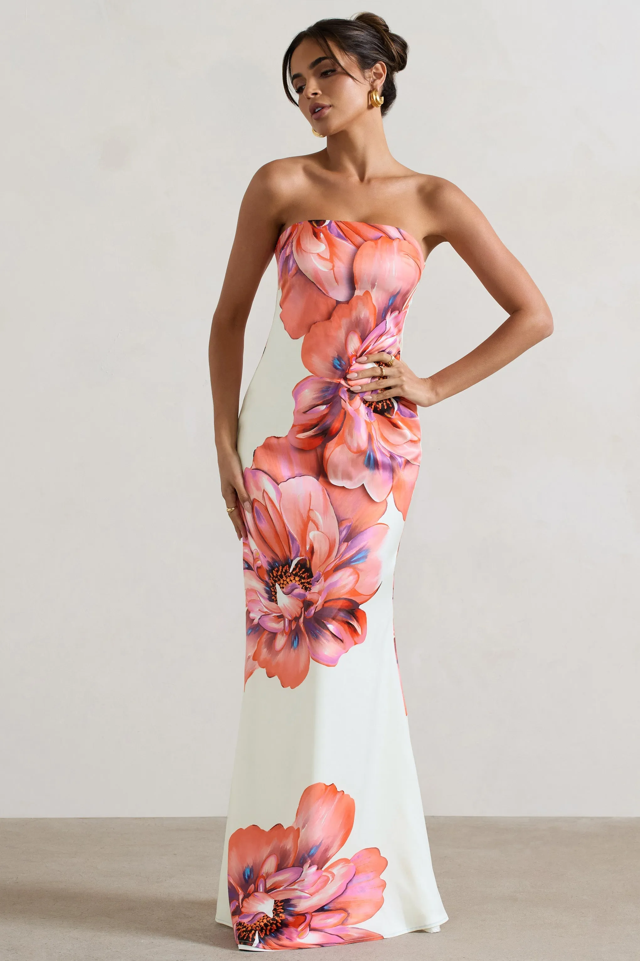 Sofiane | Cream & Pink Floral Print Bandeau Maxi Dress sold by Club L London product image thumbnail 5