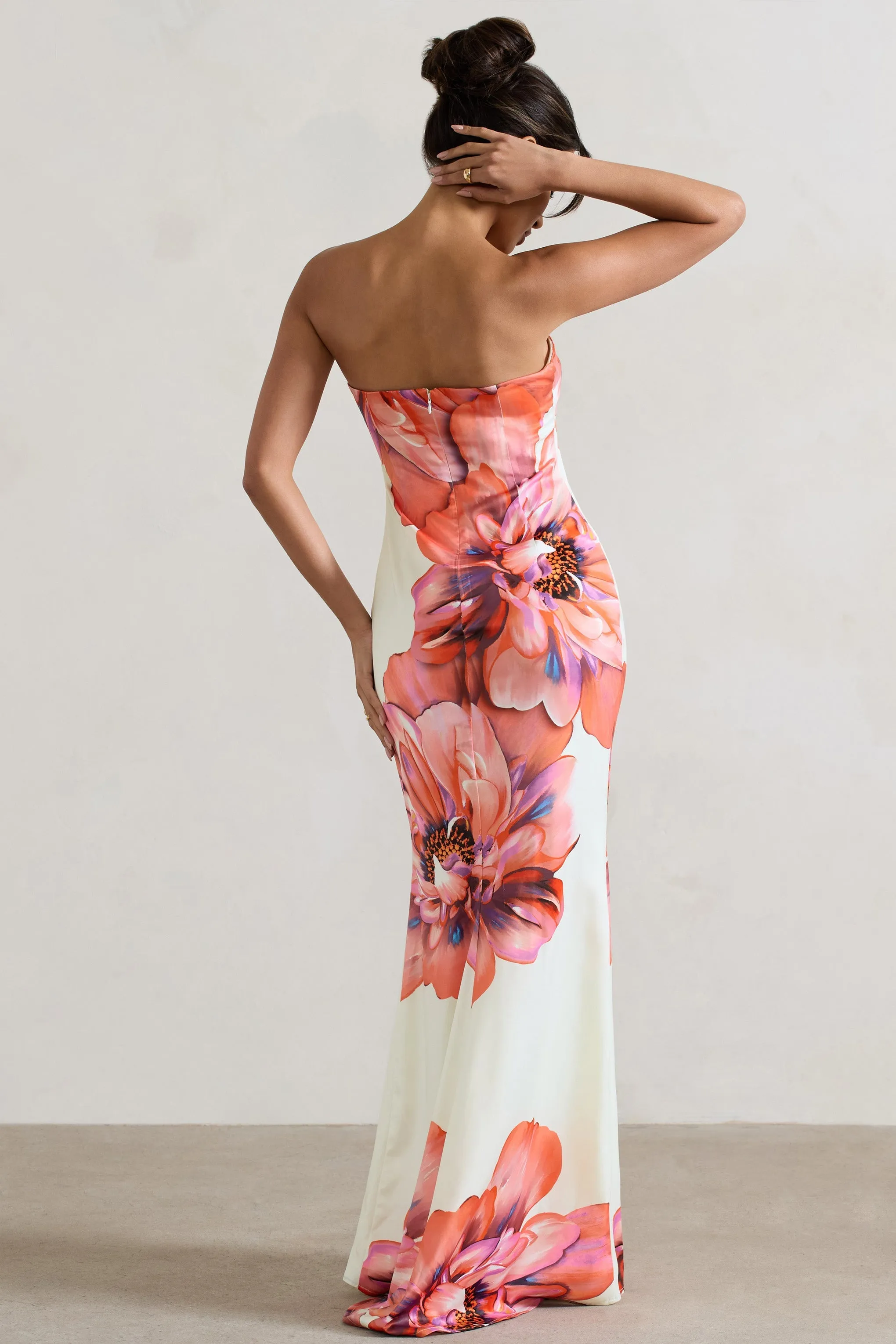 Sofiane | Cream & Pink Floral Print Bandeau Maxi Dress sold by Club L London product image thumbnail 2