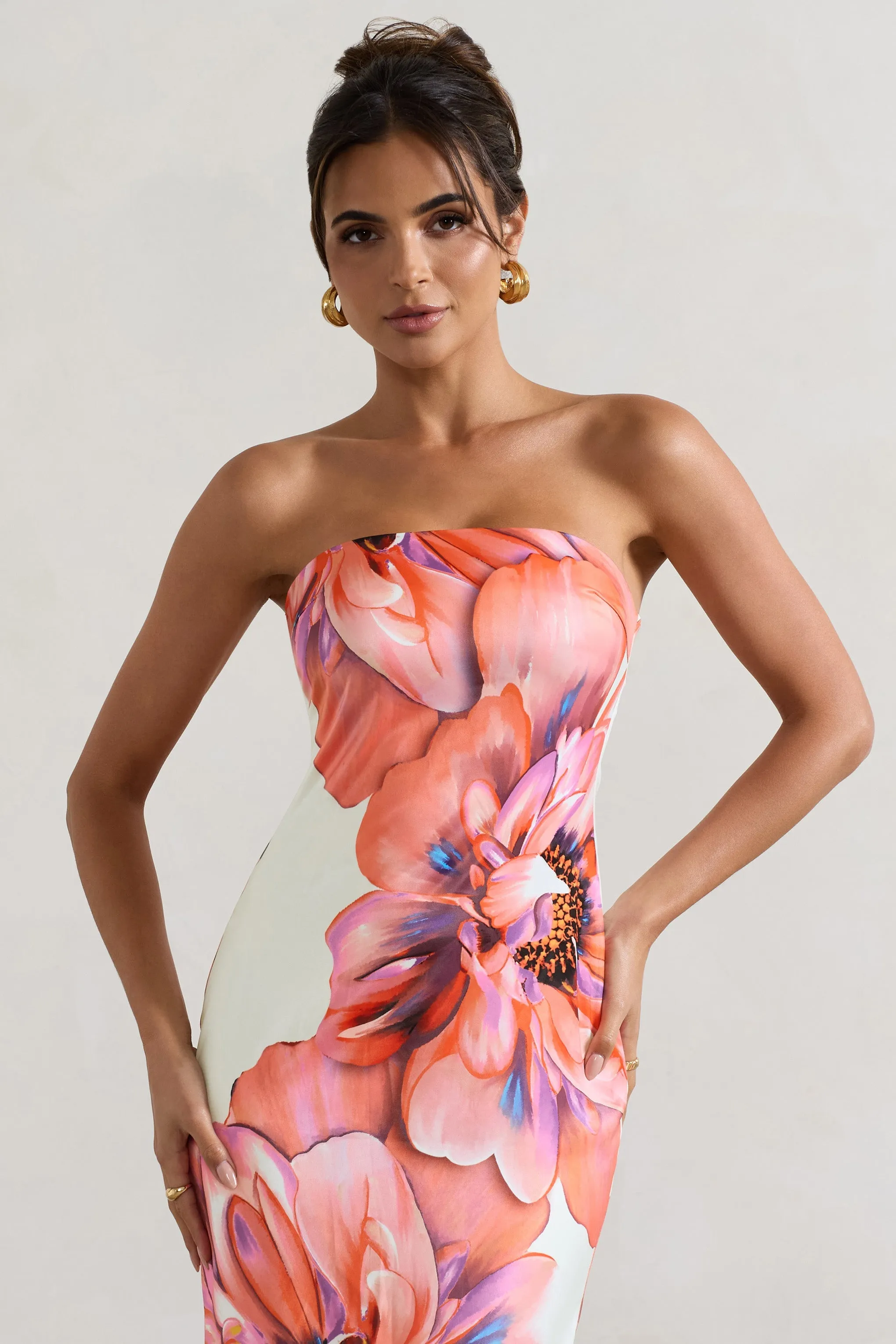 Sofiane | Cream & Pink Floral Print Bandeau Maxi Dress sold by Club L London product image thumbnail 3