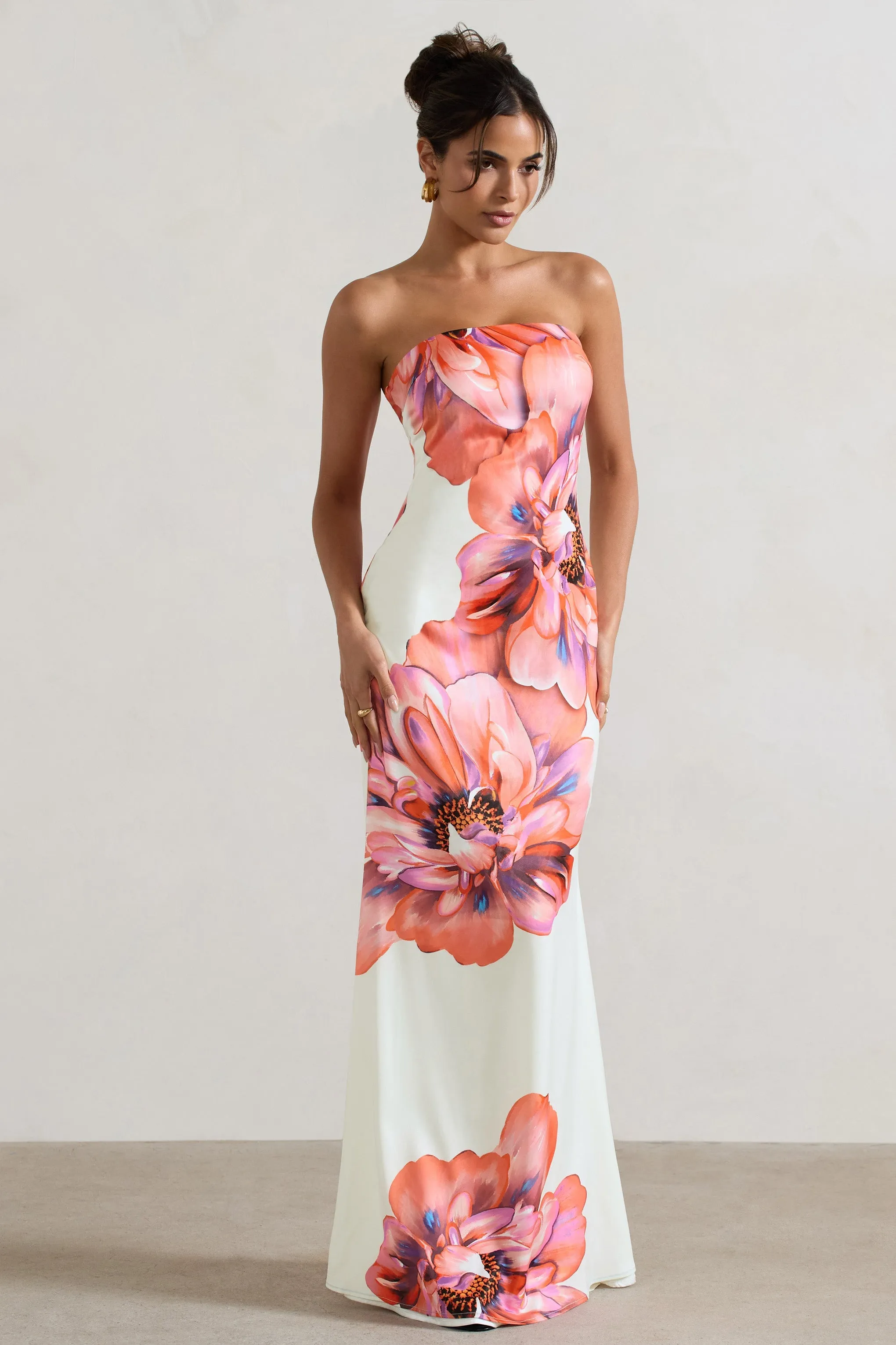 Sofiane | Cream & Pink Floral Print Bandeau Maxi Dress sold by Club L London