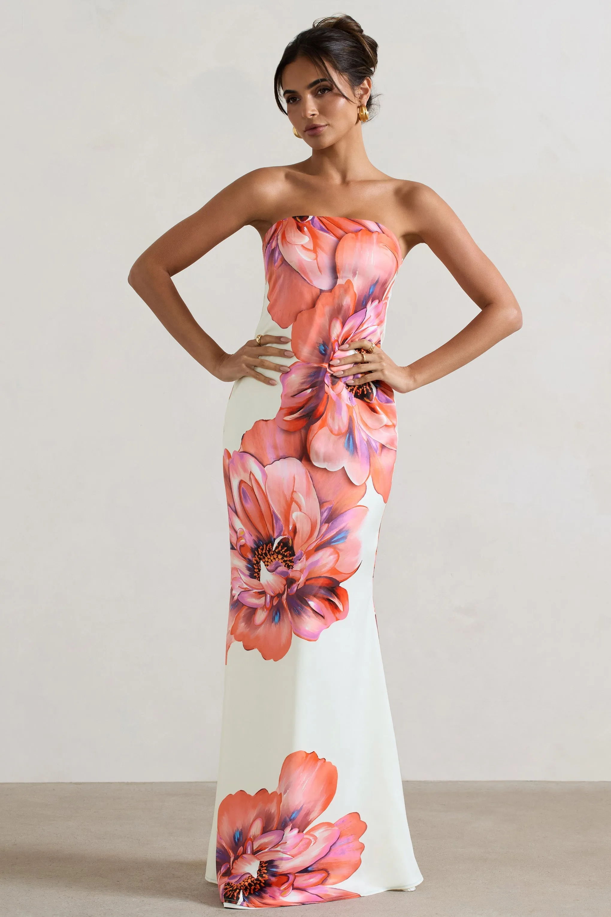 Sofiane | Cream & Pink Floral Print Bandeau Maxi Dress sold by Club L London product image thumbnail 4
