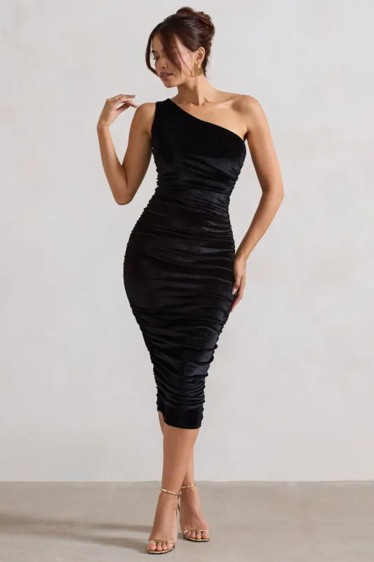 Back For More | Black Velvet One Shoulder Ruched Midi Dress sold by Club L London