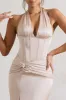 Sacha | Champagne Satin Corset Style Maxi Dress With Wrap Skirt sold by Club L London