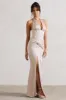 Sacha | Champagne Satin Corset Style Maxi Dress With Wrap Skirt sold by Club L London