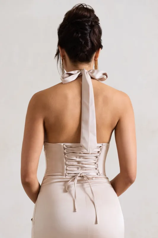 Sacha Champagne Satin Corset Style Maxi Dress With Wrap Skirt