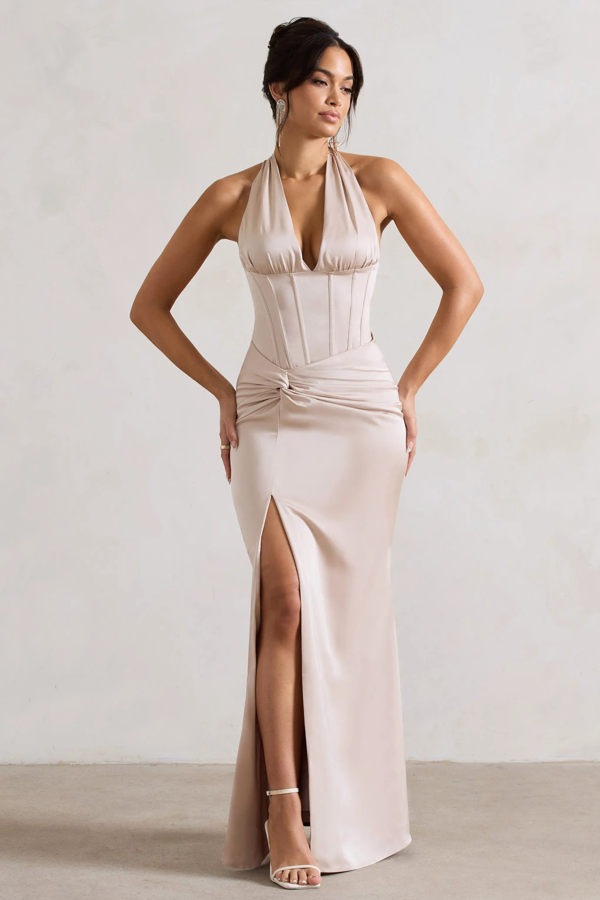 Sacha | Champagne Satin Corset Style Maxi Dress With Wrap Skirt sold by Club L London