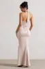 Sacha | Champagne Satin Corset Style Maxi Dress With Wrap Skirt sold by Club L London