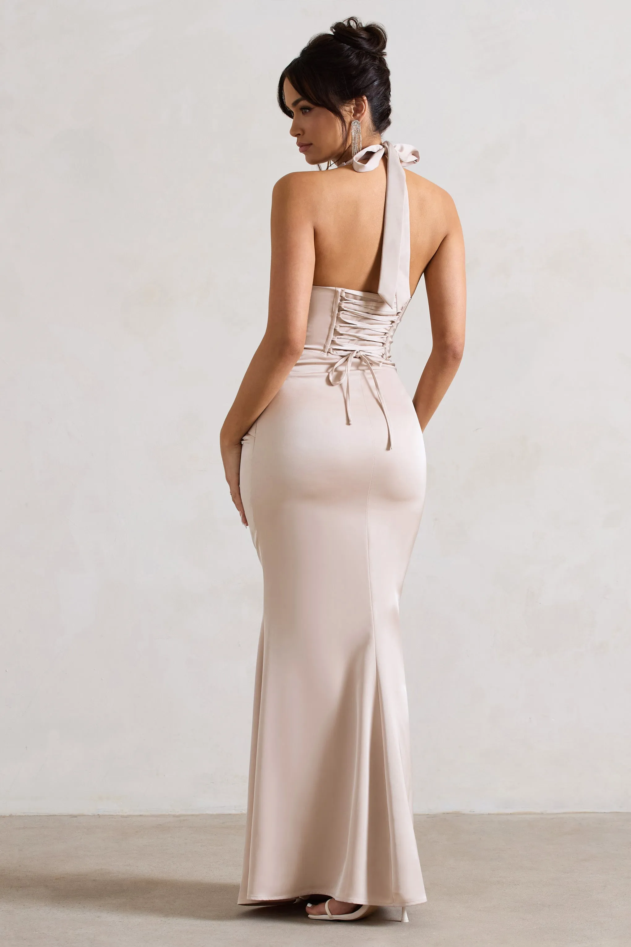 Sacha | Champagne Satin Corset Style Maxi Dress With Wrap Skirt sold by Club L London product image thumbnail 2