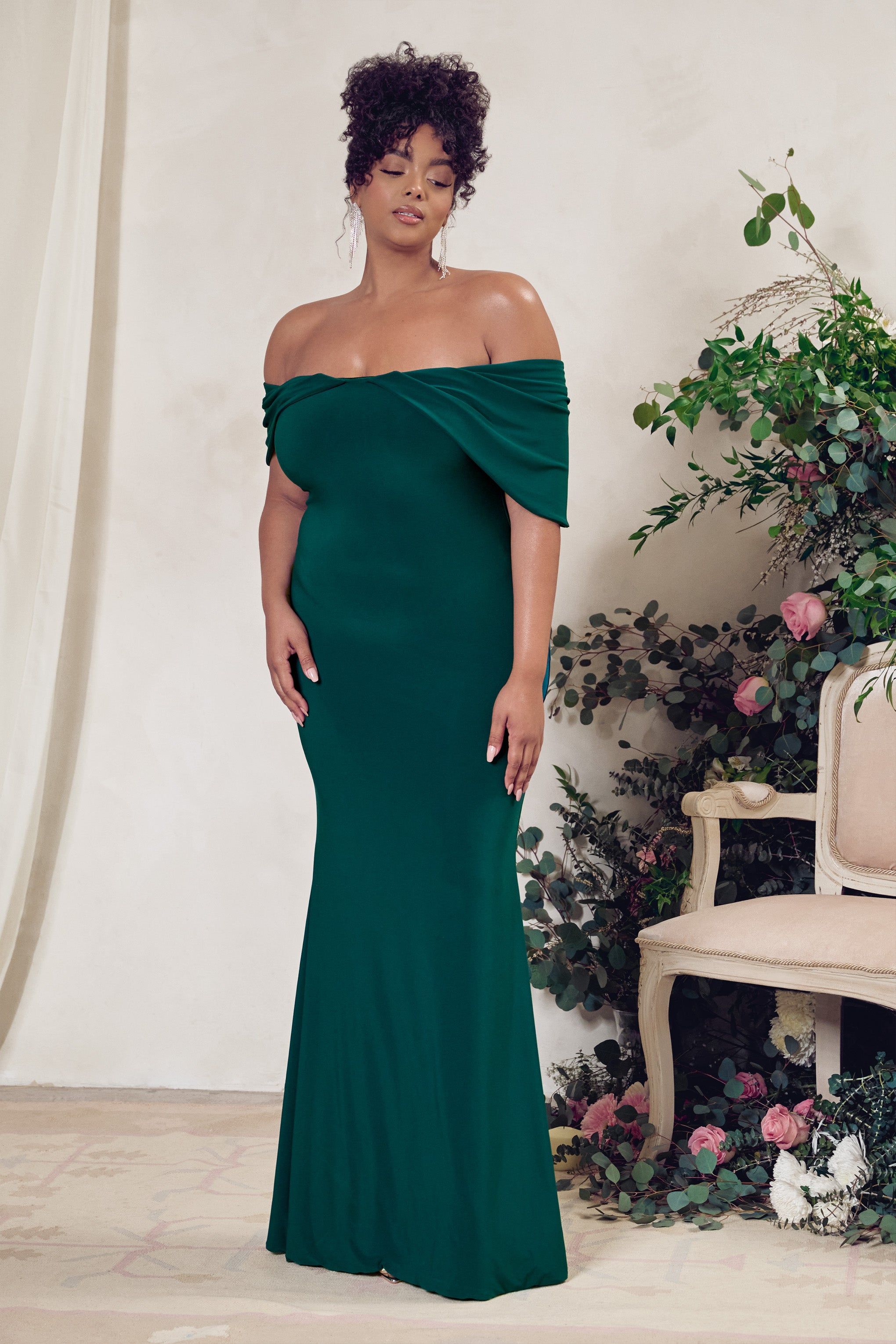 Gabrielle | Green Bardot Neckline With Drape Sleeves Maxi Dress sold by Club L London