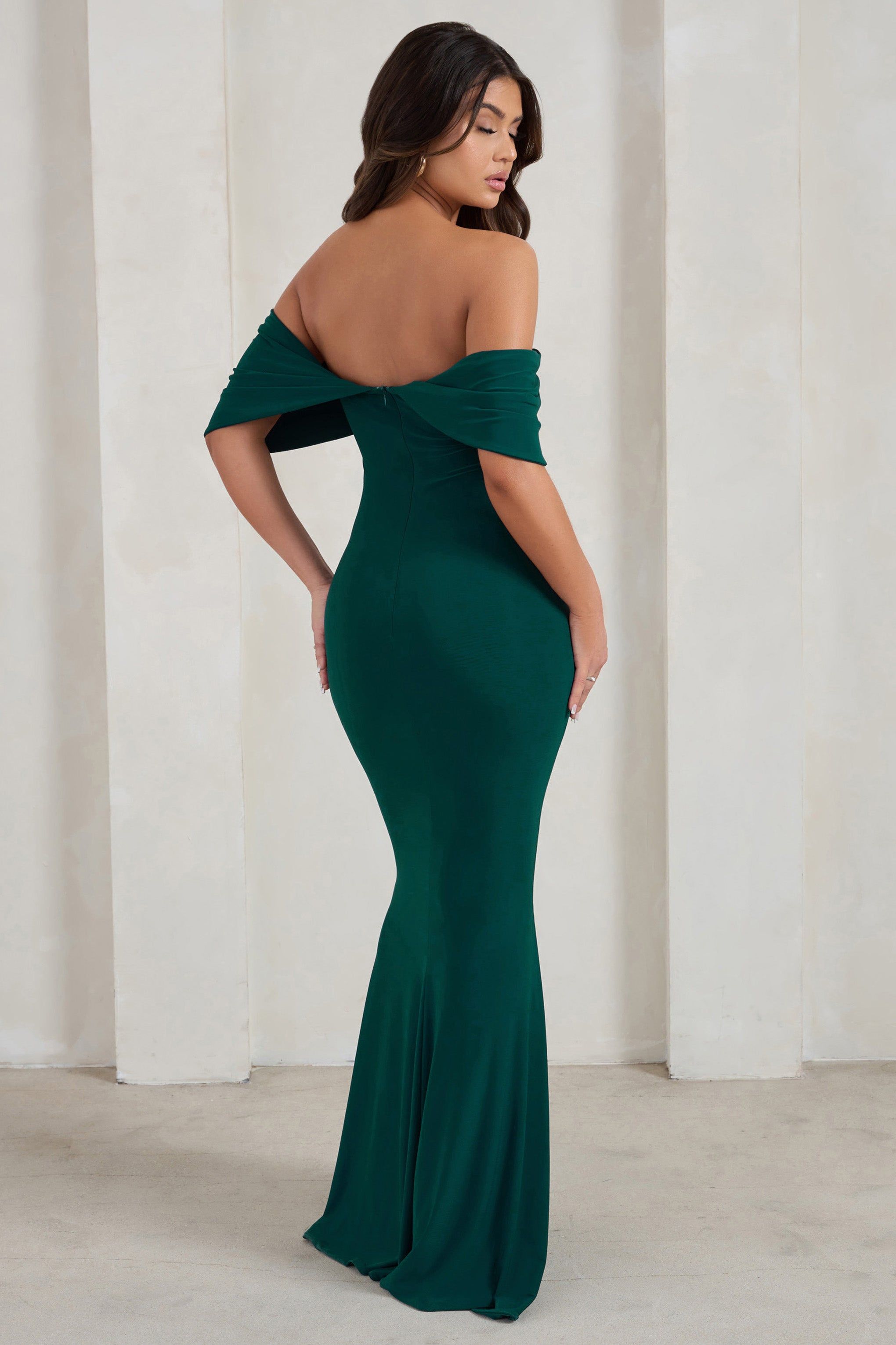 Gabrielle | Green Bardot Neckline With Drape Sleeves Maxi Dress sold by Club L London product image thumbnail 3