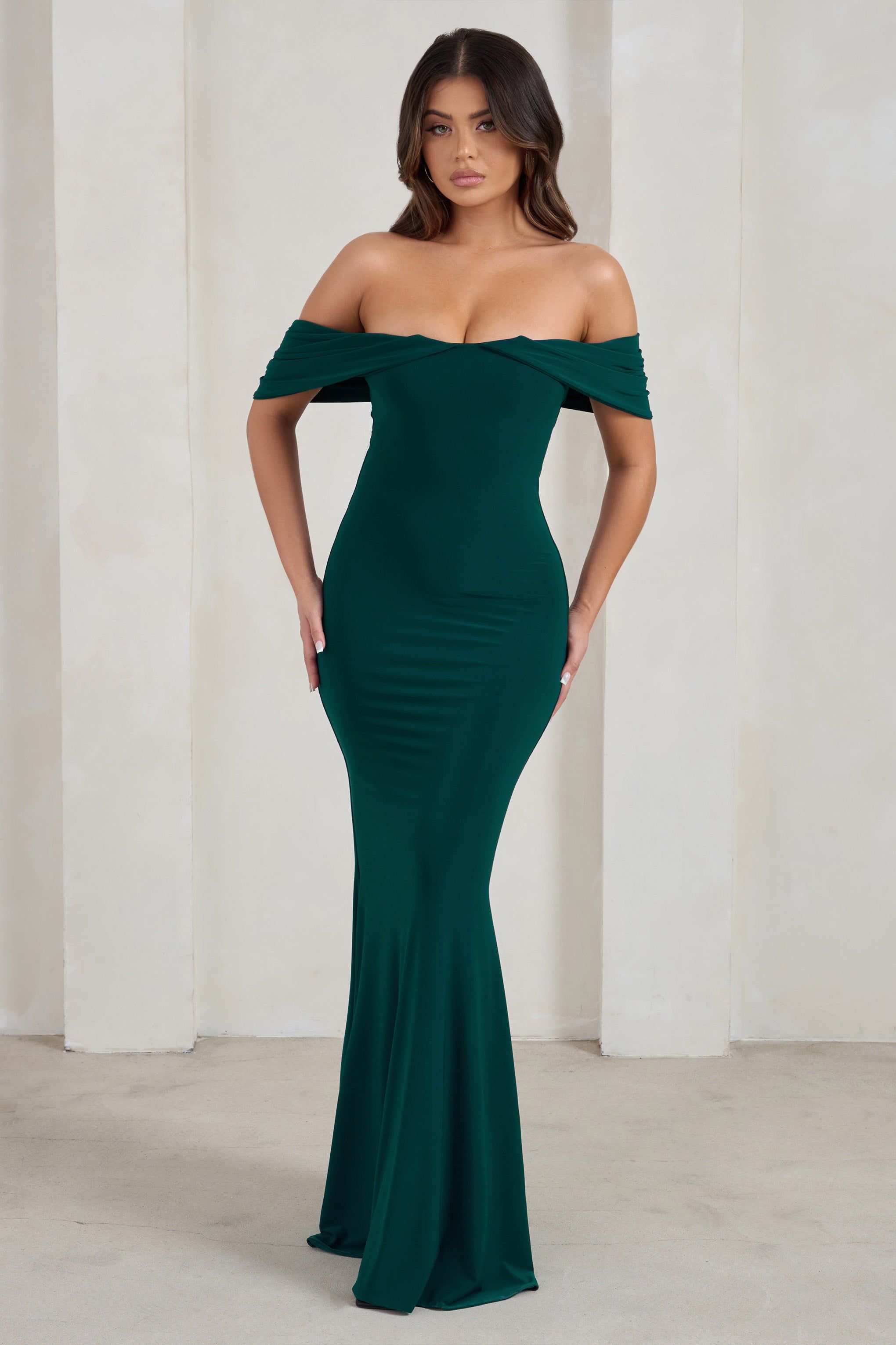 Gabrielle | Green Bardot Neckline With Drape Sleeves Maxi Dress sold by Club L London product image thumbnail 6