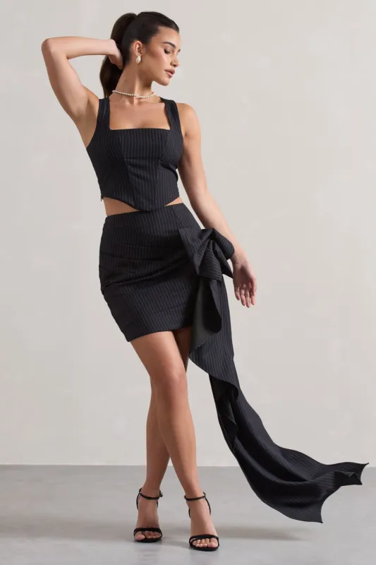 All The Talk | Navy Pinstripe Wrap Mini Skirt With Side Drape sold by Club L London