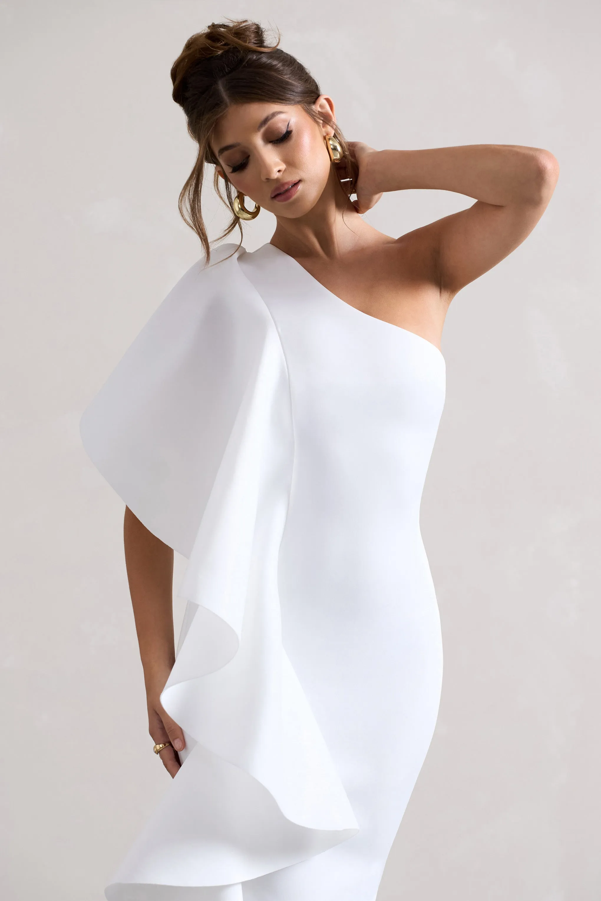 Polo | White One Shoulder Bodycon Midi Dress With Ruffle sold by Club L London product image thumbnail 3