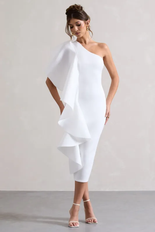 Polo | White One Shoulder Bodycon Midi Dress With Ruffle sold by Club L London