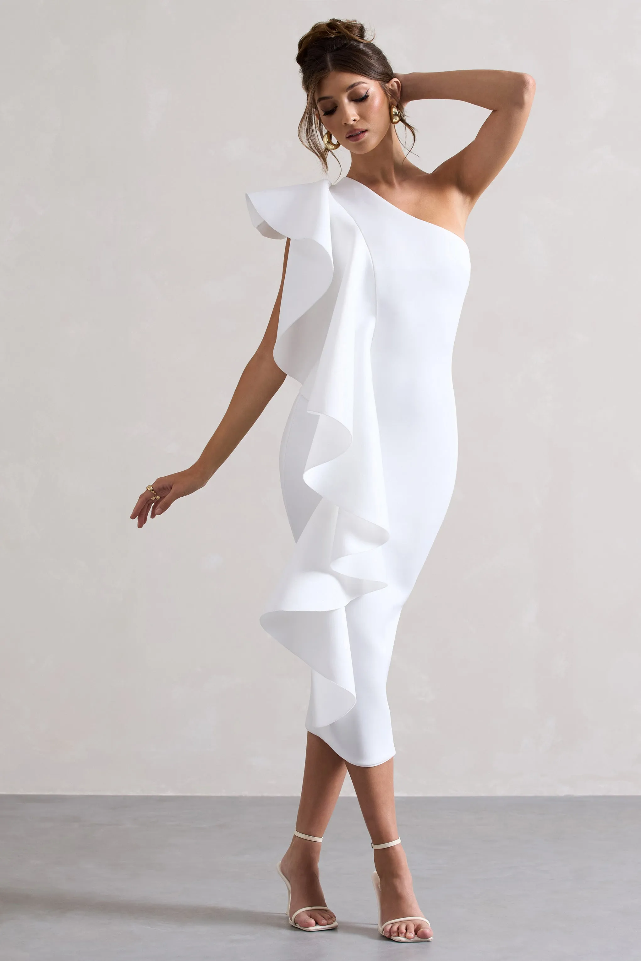 Polo | White One Shoulder Bodycon Midi Dress With Ruffle sold by Club L London product image thumbnail 5