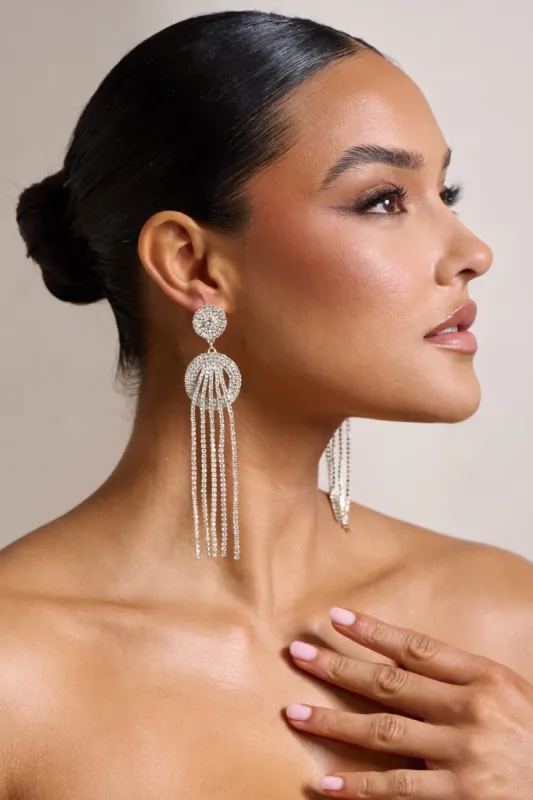 Casey | Silver Diamante Long Tassel Earrings sold by Club L London