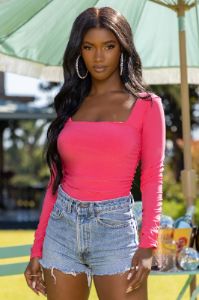 Celestial | Hot Pink Square Neckline Bodysuit With Long Sleeves sold by Club L London