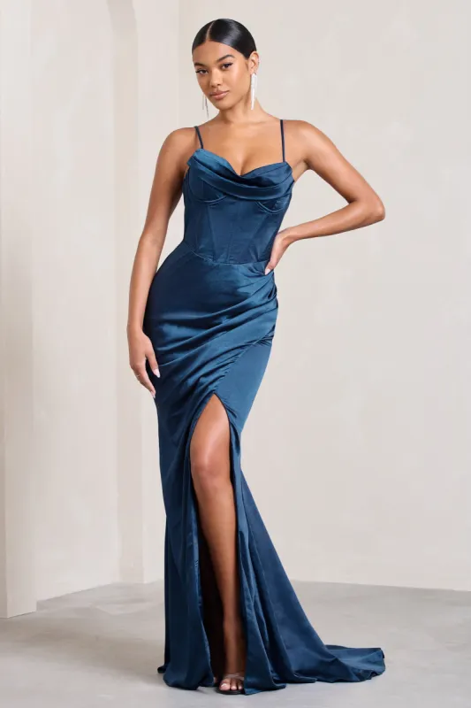 Grand Gift | Navy Satin Corset Draped Fishtail Maxi Dress sold by Club L London