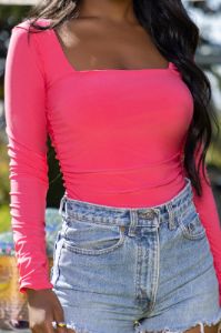 Celestial | Hot Pink Square Neckline Bodysuit With Long Sleeves sold by Club L London