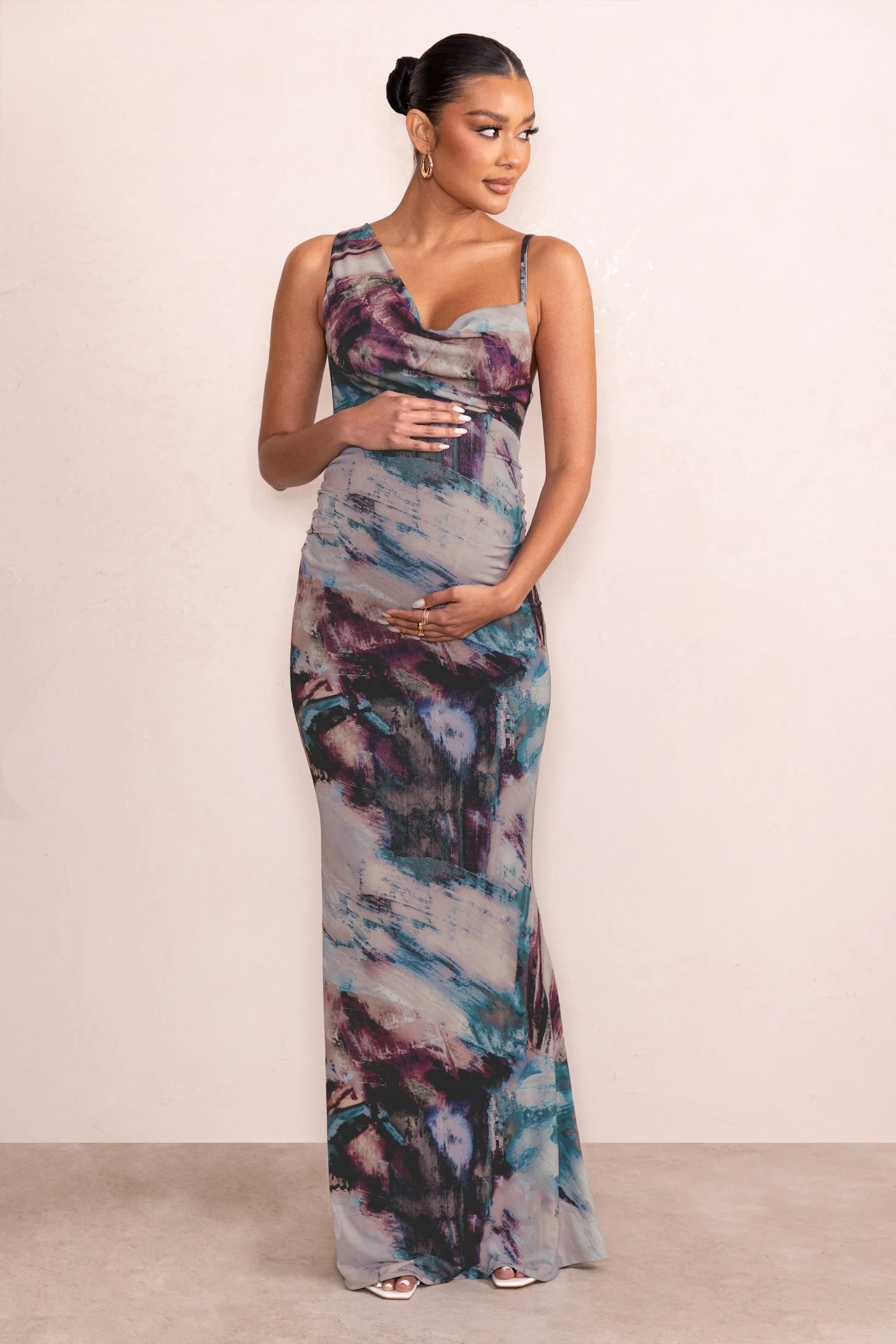 Phantasy | Blue Abstract Print Maternity Asymmetric Neckline Maxi Dress sold by Club L London product image thumbnail 5