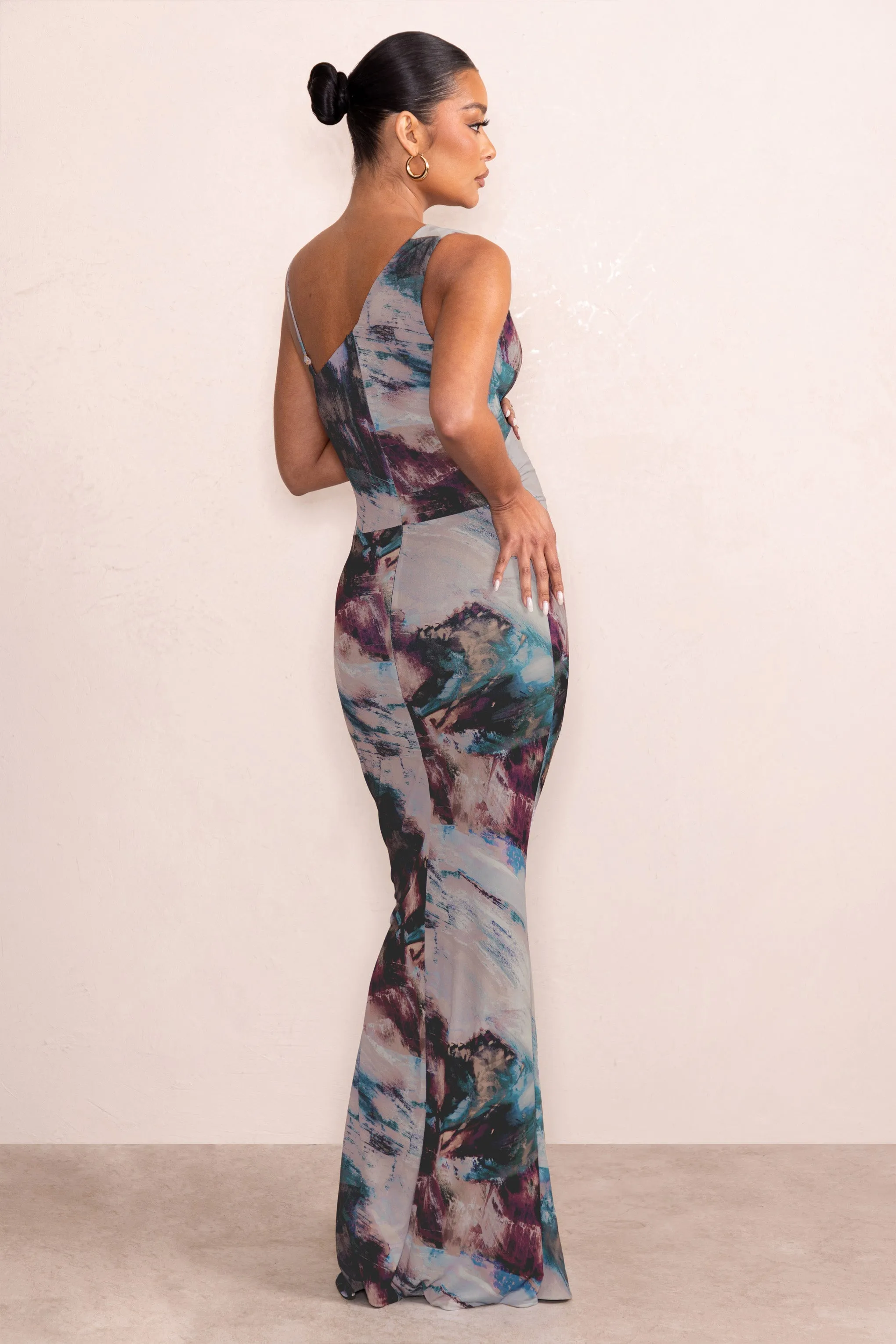 Phantasy | Blue Abstract Print Maternity Asymmetric Neckline Maxi Dress sold by Club L London product image thumbnail 3