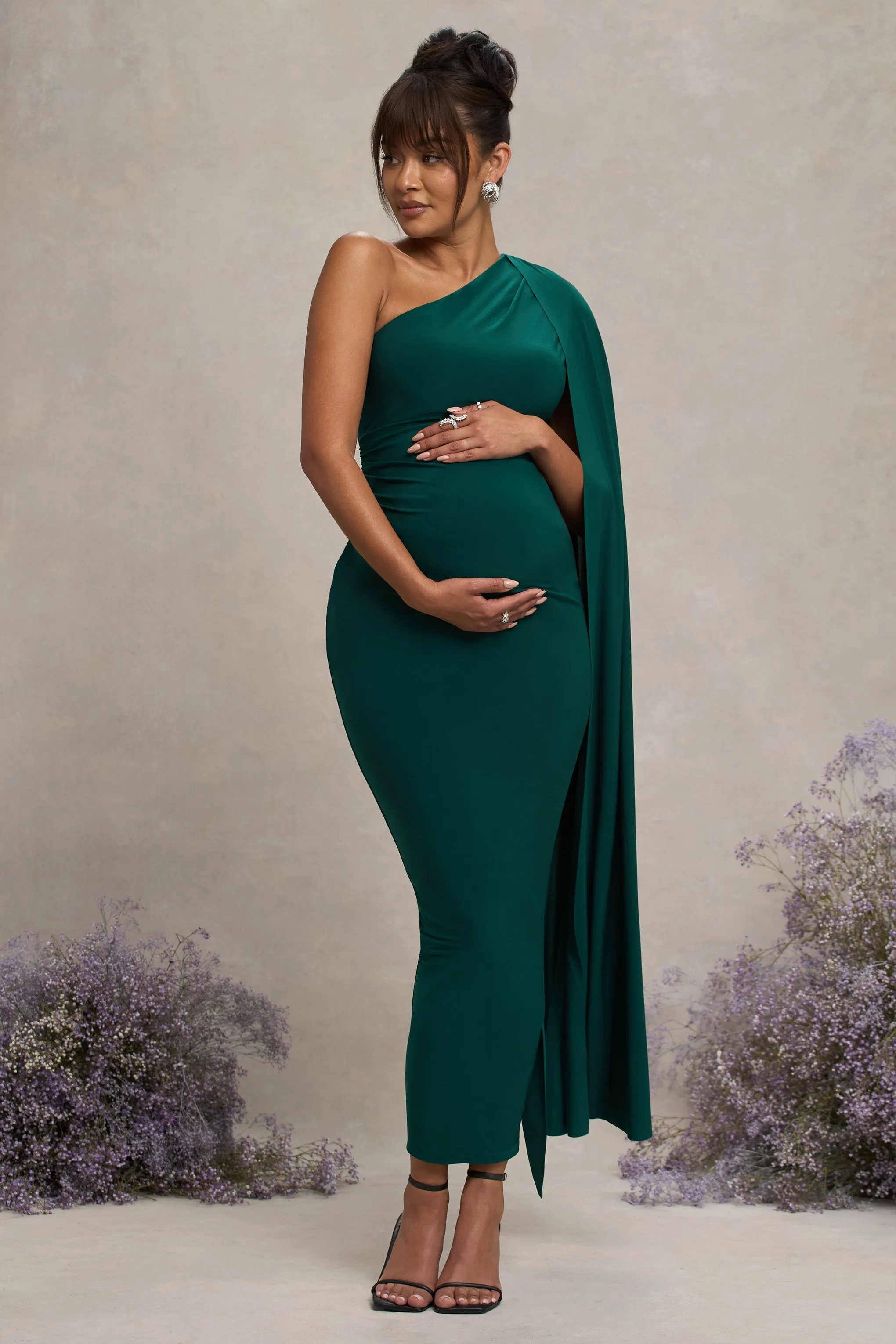 Amaryllis | Bottle Green Maternity One Shoulder Maxi Dress with Cape Sleeve sold by Club L London product image thumbnail 3
