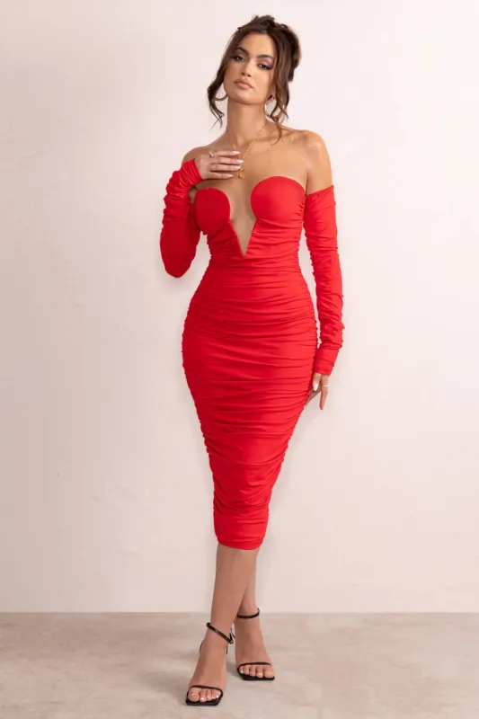 Charlotte | Red Deep Plunge Ruched Long Sleeved Midi Dress sold by Club L London