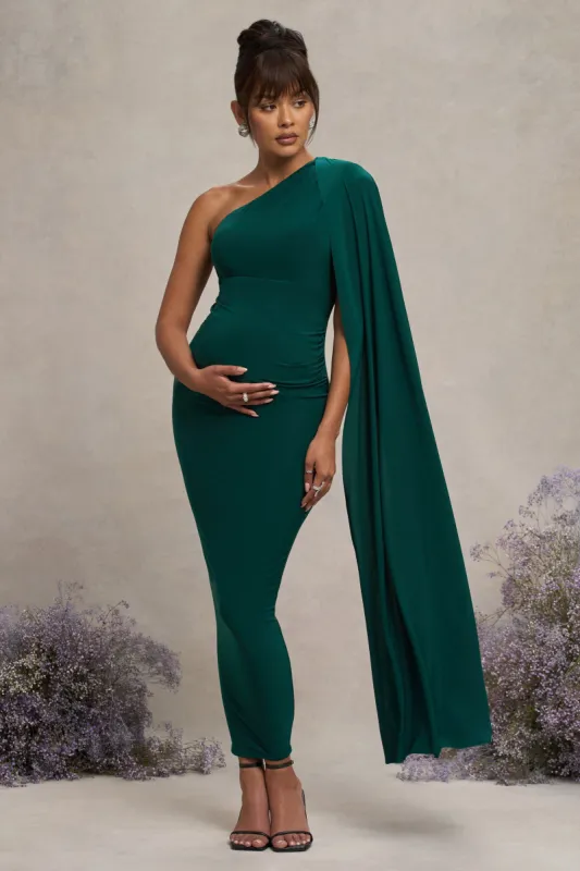 Amaryllis | Bottle Green Maternity One Shoulder Maxi Dress with Cape Sleeve sold by Club L London