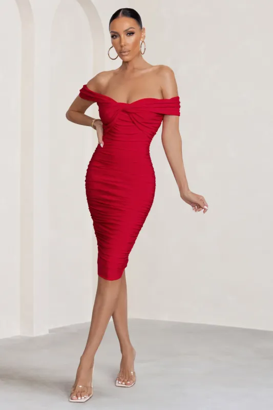 Gratitude | Red Off The Shoulder Ruched Midi Dress sold by Club L London