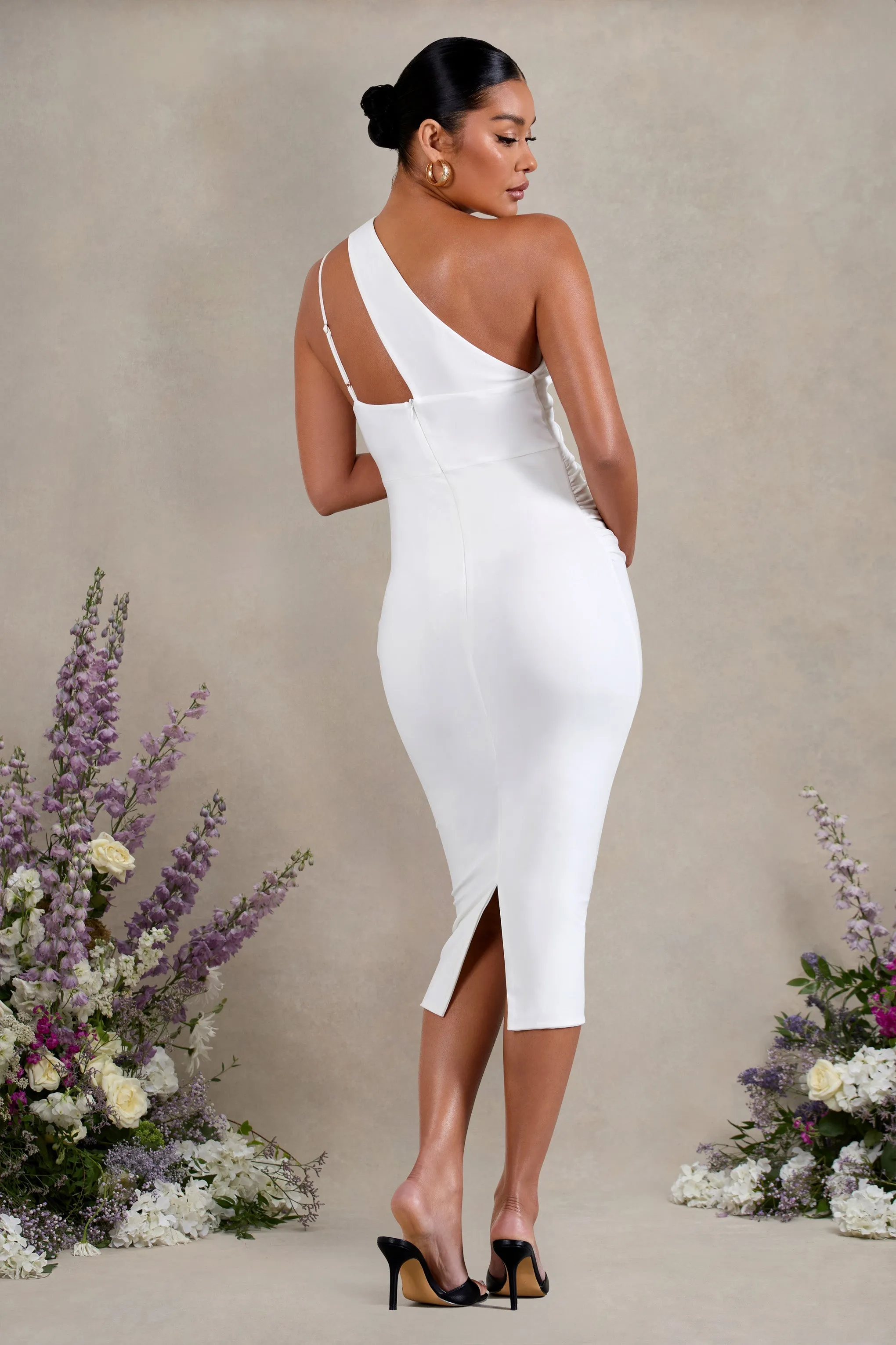 Abigail | White Sleeveless Asymmetric Maternity Midi Dress sold by Club L London product image thumbnail 2