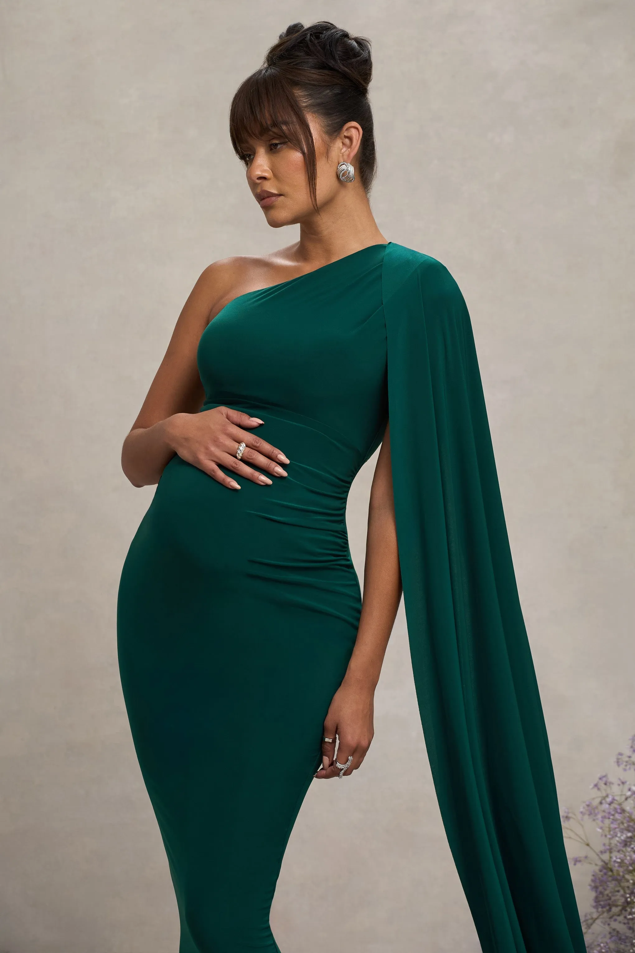 Amaryllis | Bottle Green Maternity One Shoulder Maxi Dress with Cape Sleeve sold by Club L London product image thumbnail 4