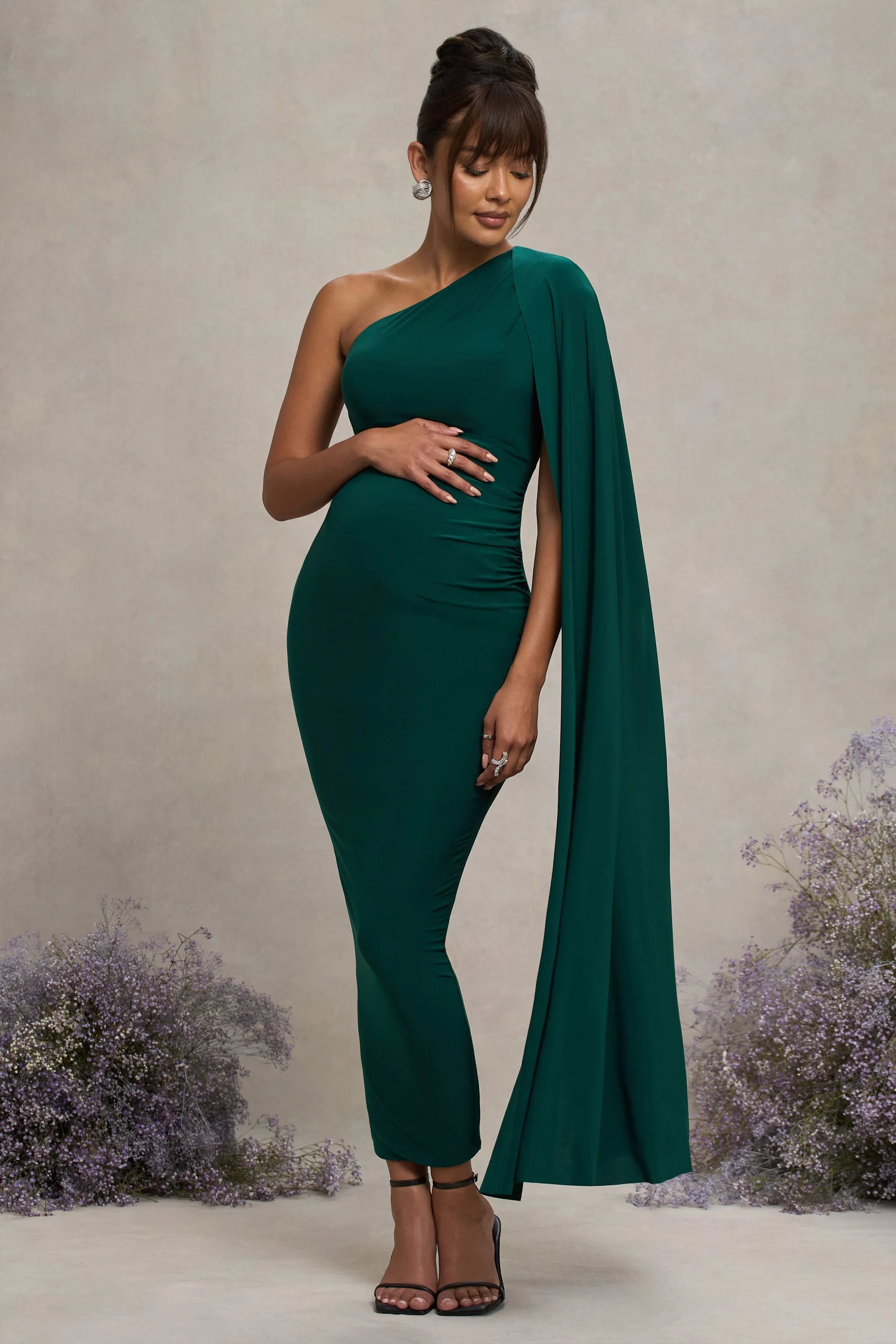 Amaryllis | Bottle Green Maternity One Shoulder Maxi Dress with Cape Sleeve sold by Club L London product image thumbnail 5