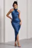 Samara | Navy Satin Cross Halter Neck Asymmetric Skirt Midi Dress sold by Club L London