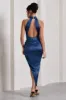 Samara | Navy Satin Cross Halter Neck Asymmetric Skirt Midi Dress sold by Club L London