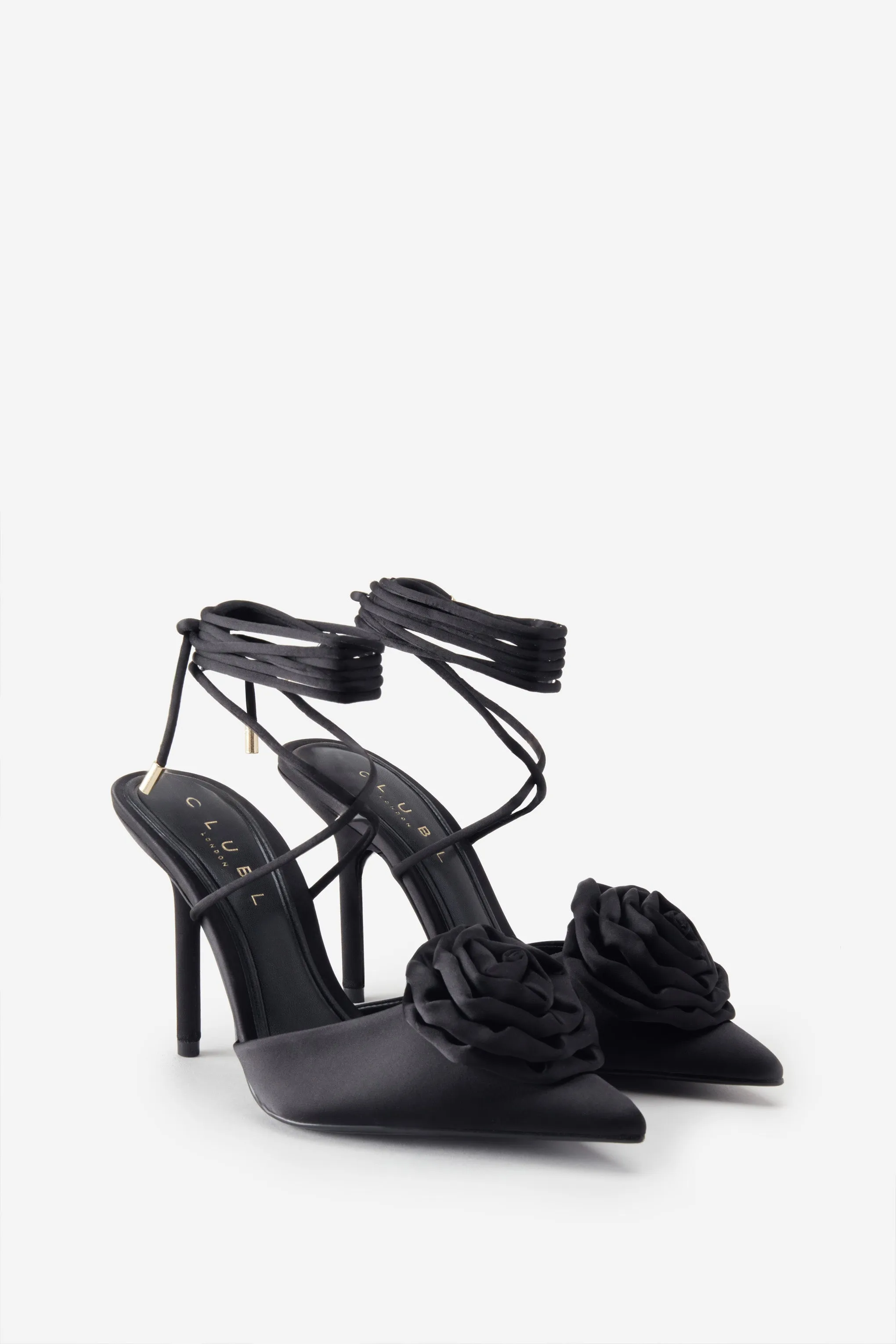 Clearly | Black Satin Lace-Up Stiletto Heels With Flowers sold by Club L London product image thumbnail 2