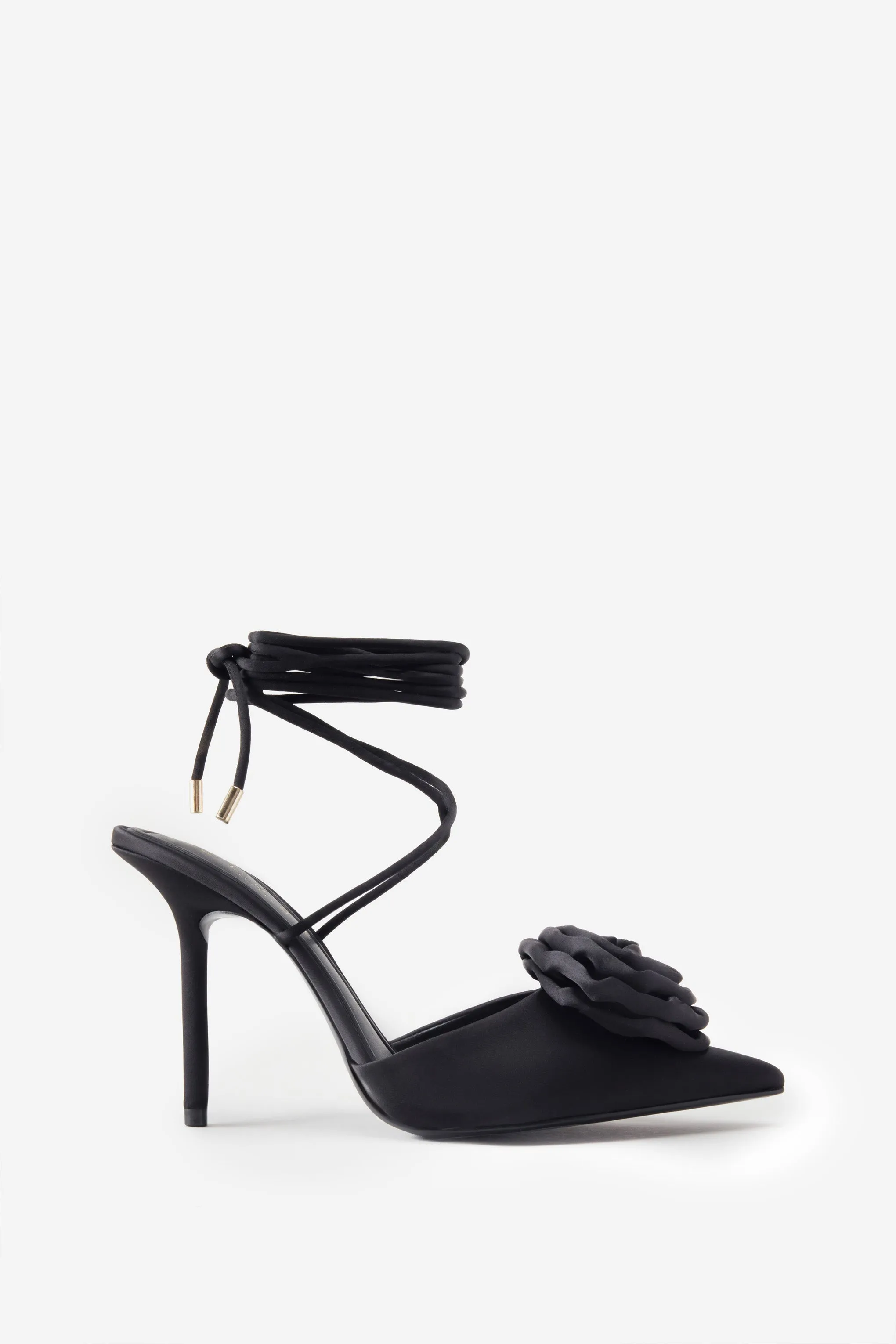Clearly | Black Satin Lace-Up Stiletto Heels With Flowers sold by Club L London