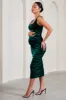 Lisbon | Bottle Green Velvet Maternity Square Neck Ruched Midi Dress sold by Club L London